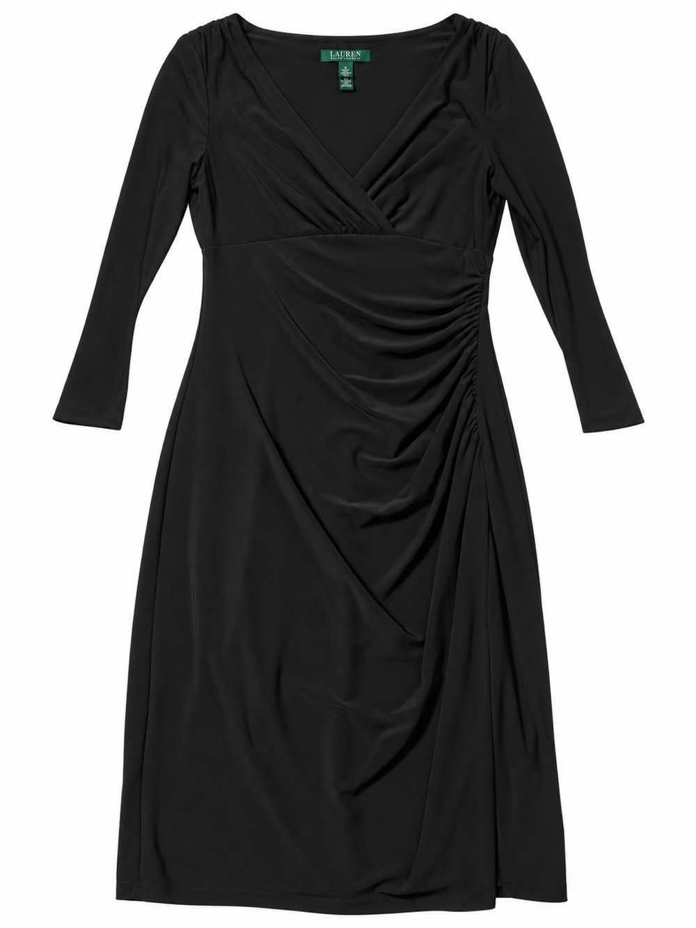 Ralph Lauren Black Ruched Faux-Wrap Long-Sleeve Dress Retail $165.00